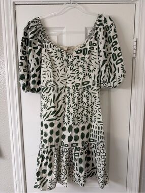 ADL 100% Linen Mini Dress Geometric Pattern Green and Off White Size Medium